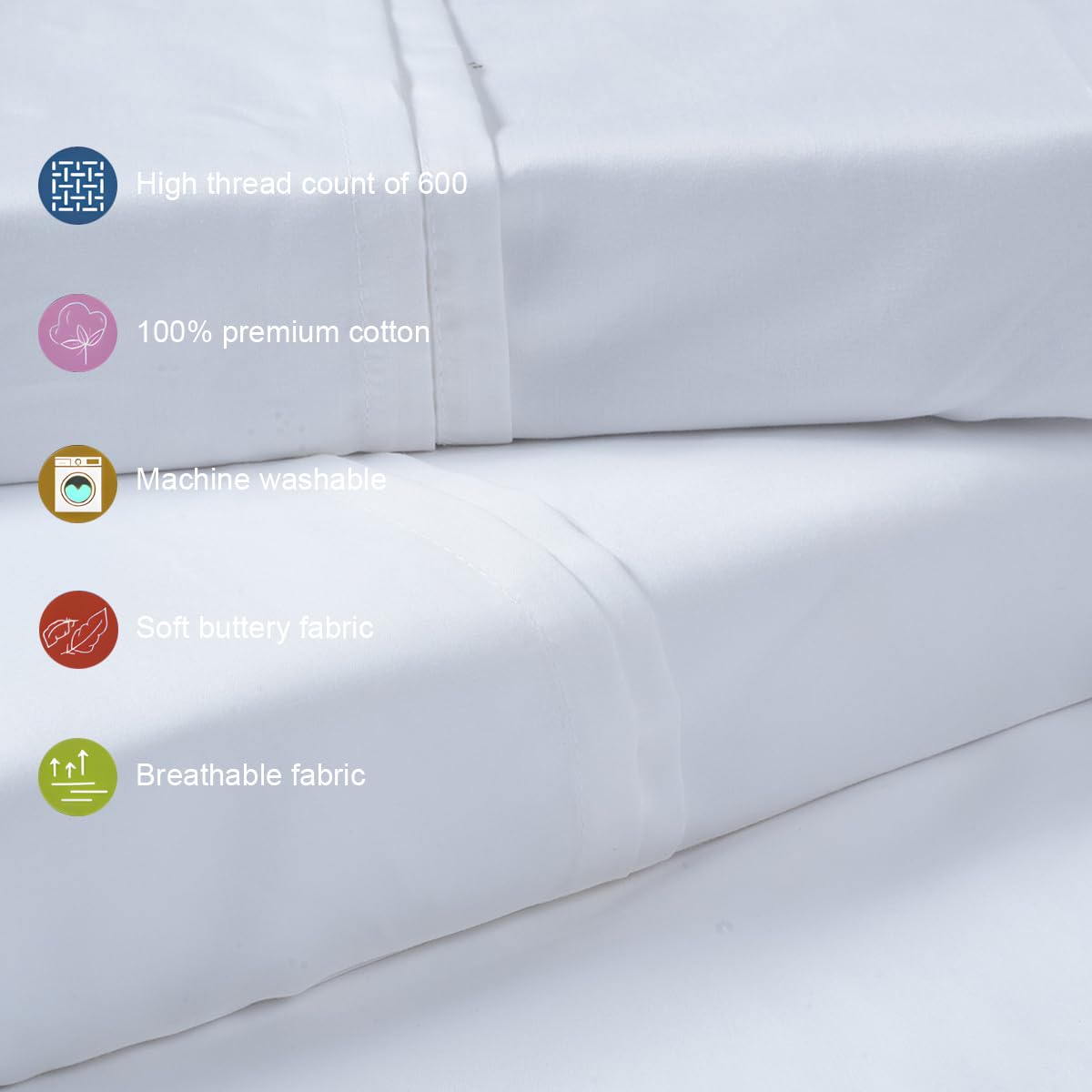 Living Leisure 600 Thread Count Cotton Satin Flat Bedsheet Set with 2 Pillowcases, White, Queen