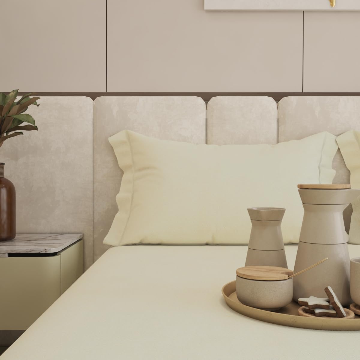 Living Leisure 600 Thread Count Cotton Satin Flat Bedsheet Set with 2 Pillowcases, Champagne, King