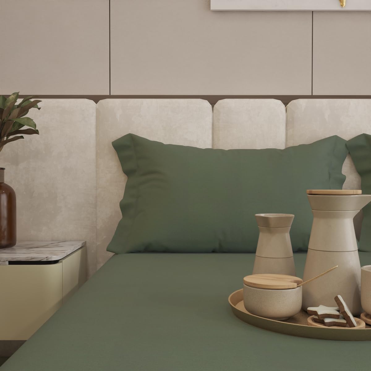 Living Leisure 600 Thread Count Cotton Satin Flat Bedsheet Set with 2 Pillowcases, Green ,King