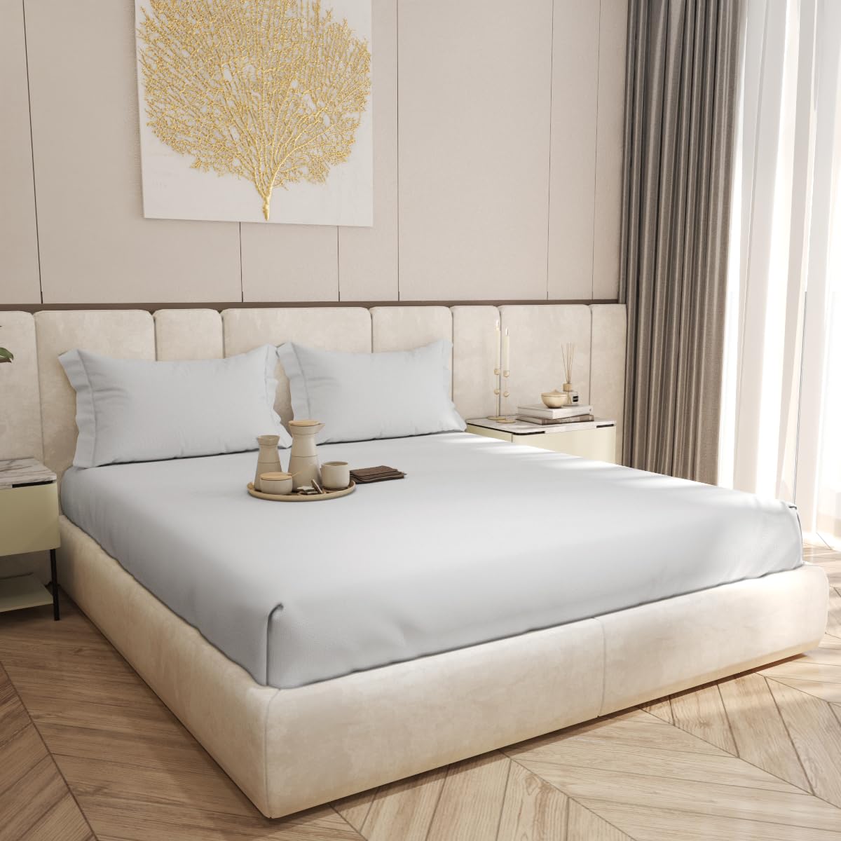 Living Leisure 600 Thread Count Cotton Satin Flat Bedsheet Set with 2 Pillowcases, Light Grey ,King