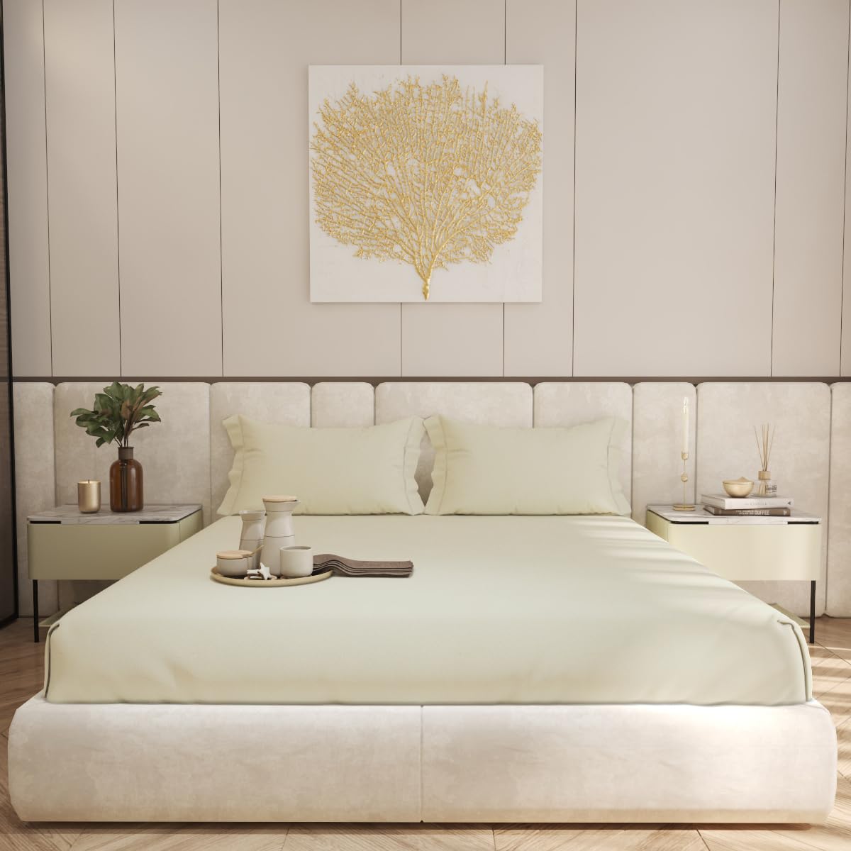 Living Leisure 600 Thread Count Cotton Satin Flat Bedsheet Set with 2 Pillowcases, Champagne, King