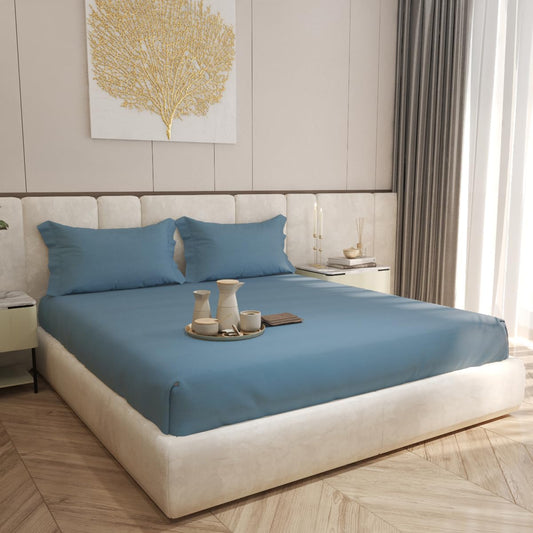 Living Leisure 400 Thread Count Cotton Satin Flat Bedsheet Set with 2 Pillowcases, Blue, Queen