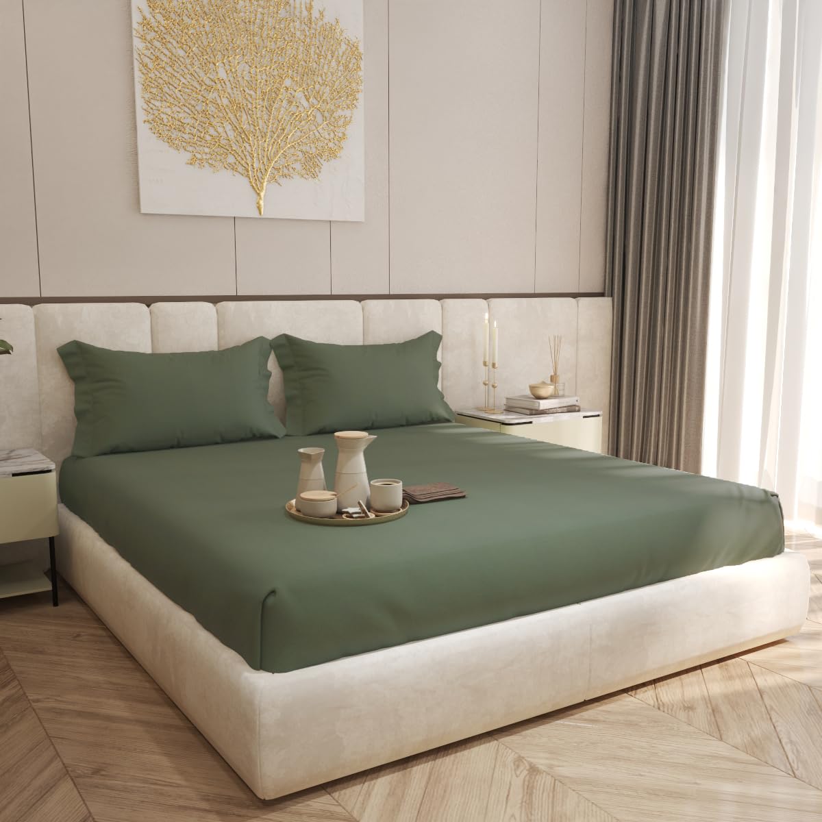 Living Leisure 600 Thread Count Cotton Satin Flat Bedsheet Set with 2 Pillowcases, Green ,King