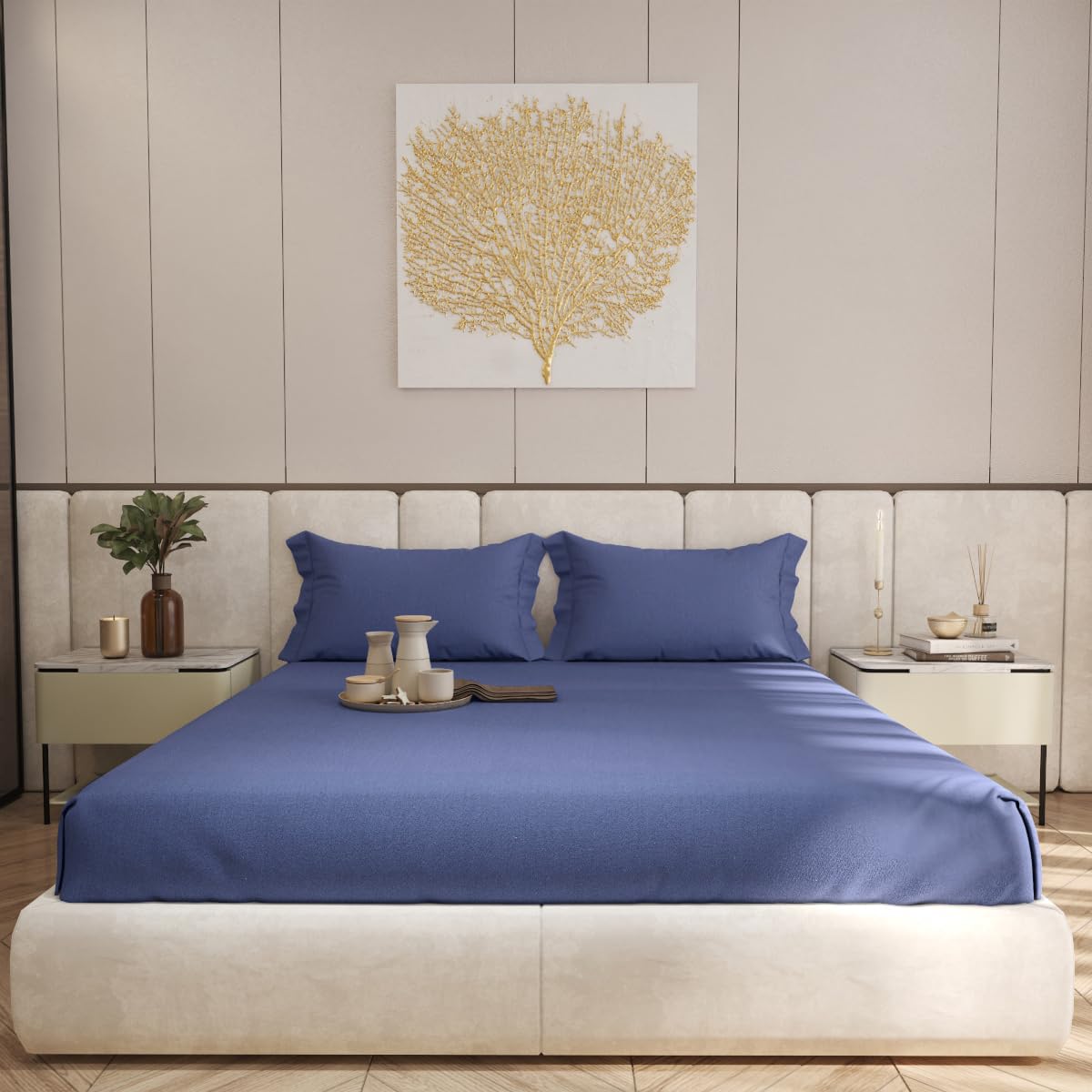 Living Leisure 400 Thread Count Cotton Satin Flat Bedsheet Set with 2 Pillowcases, Navy Blue , King