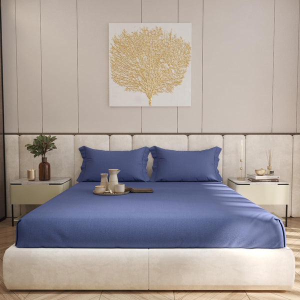 Living Leisure 400 Thread Count Cotton Satin Flat Bedsheet Set with 2 Pillowcases, Navy Blue , King