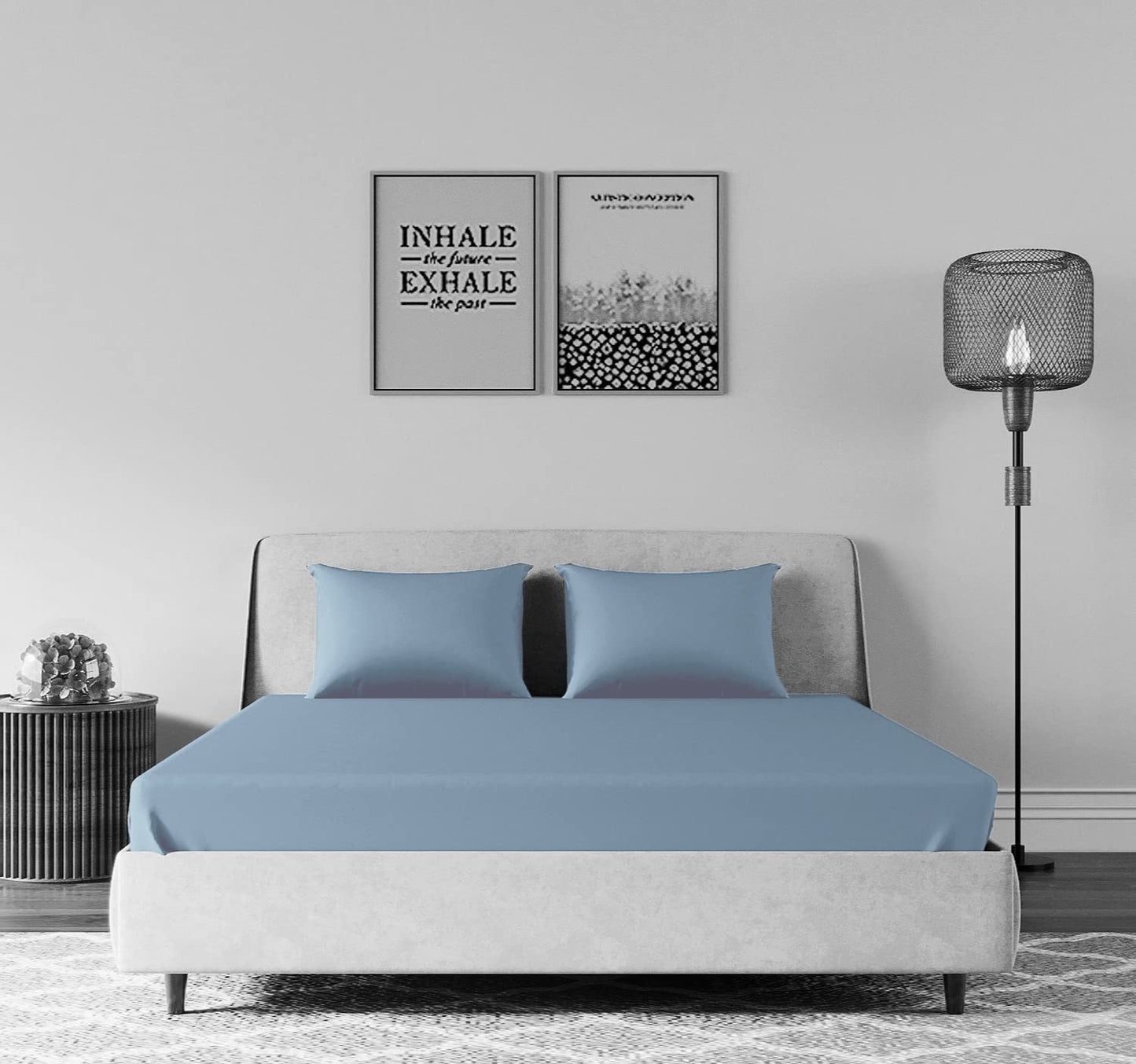 Living Leisure 200 Thread Count Cotton Satin Flat Bedsheet Set for Double Bed with 2 Pillowcases, Queen, Blue