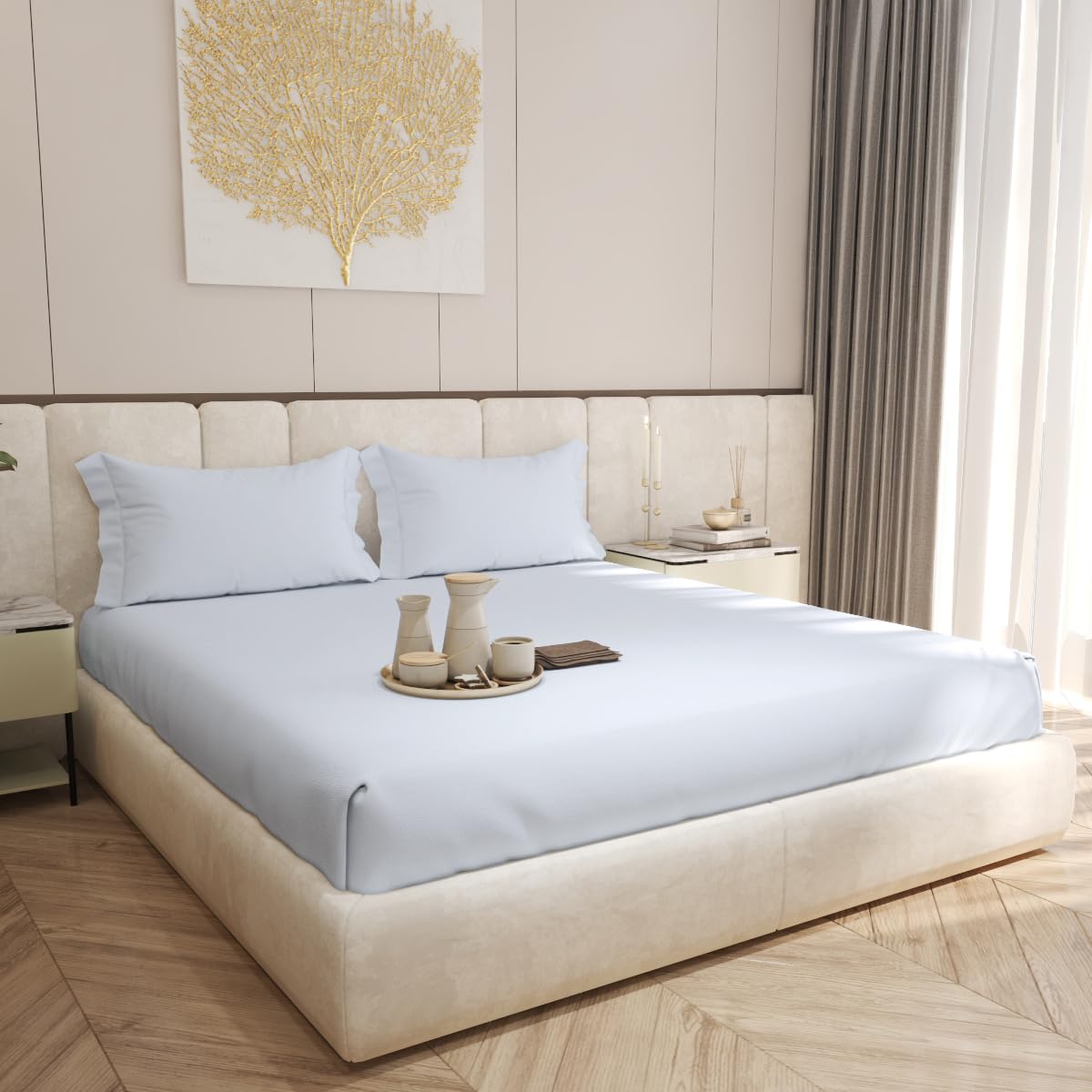 Living Leisure 600 Thread Count Cotton Satin Flat Bedsheet Set with 2 Pillowcases, White, Queen