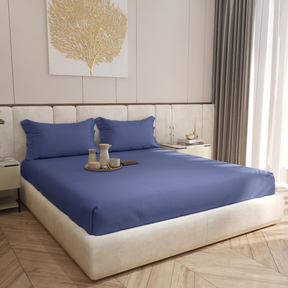 Living Leisure 400 Thread Count Cotton Satin Flat Bedsheet Set with 2 Pillowcases, Navy Blue , King