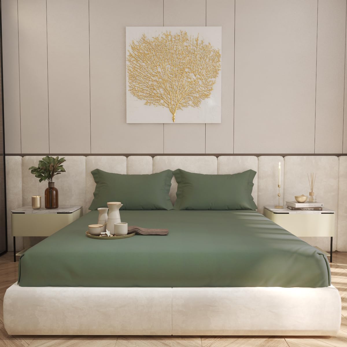 Living Leisure 600 Thread Count Cotton Satin Flat Bedsheet Set with 2 Pillowcases, Green ,King