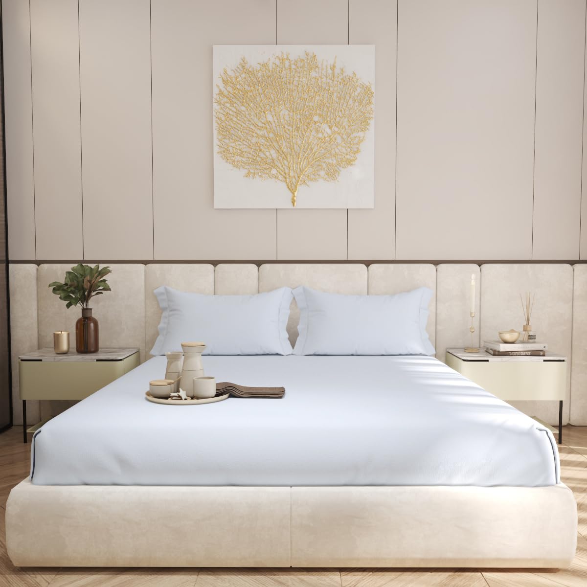 Living Leisure 600 Thread Count Cotton Satin Flat Bedsheet Set with 2 Pillowcases, White, Queen