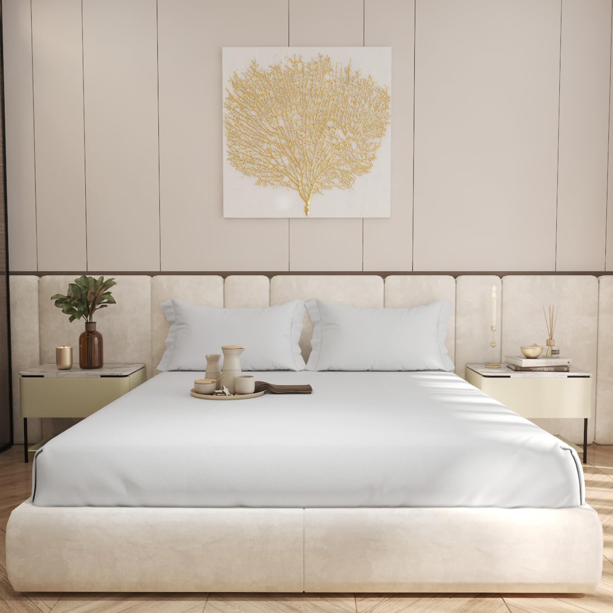 Living Leisure 600 Thread Count Cotton Satin Flat Bedsheet Set with 2 Pillowcases, Light Grey ,King