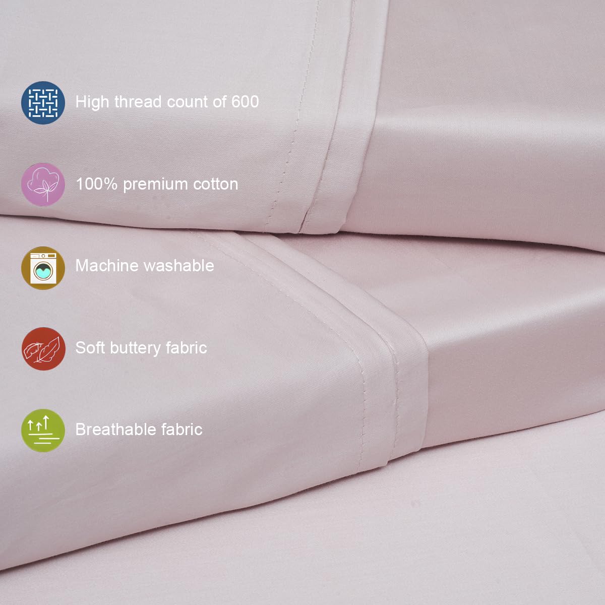 Living Leisure 600 Thread Count Cotton Satin Flat Bedsheet Set with 2 Pillowcases, Pink, Queen