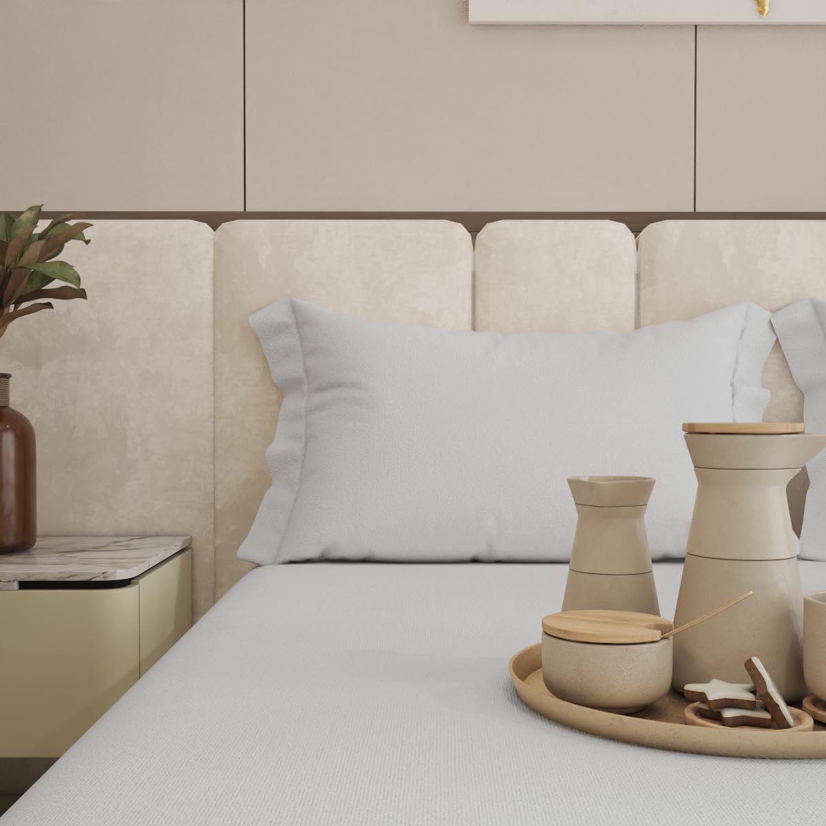 Living Leisure 600 Thread Count Cotton Satin Flat Bedsheet Set with 2 Pillowcases, Light Grey, Queen