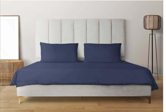 Living Leisure 200 Thread Count Cotton Satin Flat Bedsheet Set for Double Bed with 2 Pillowcases, Navy, Queen