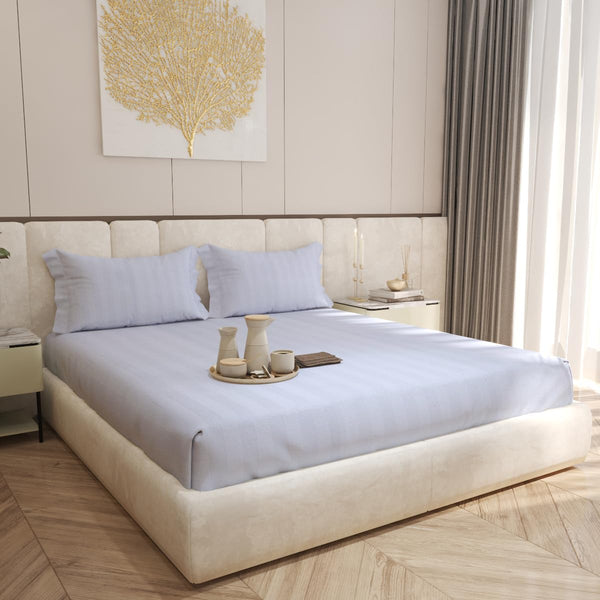 Living Leisure 300 Thread Count Cotton Satin Stripe Flat Bedsheet Set with 2 Pillowcases , White, King