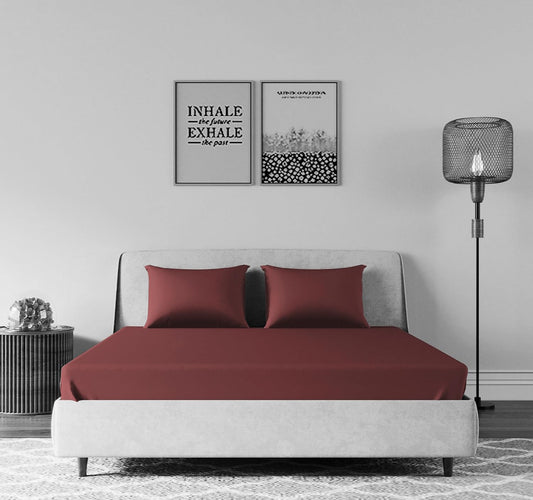 Living Leisure 200 Thread Count Cotton Satin Flat Bedsheet Set for Double Bed with 2 Pillowcases, Maroon, Queen