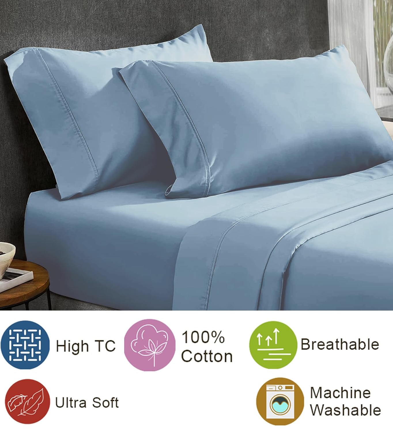 Living Leisure 200 Thread Count Cotton Satin Flat Bedsheet Set for Double Bed with 2 Pillowcases, Queen, Blue