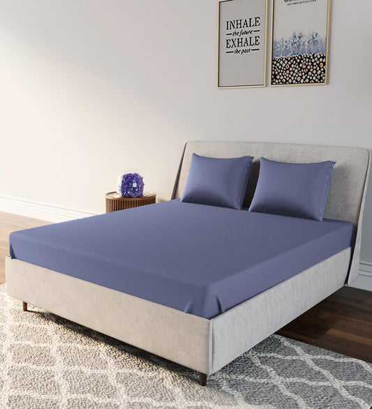 Living Leisure 200 Thread Count Cotton Satin Flat Bedsheet Set for Double Bed with 2 Pillowcases, Dark Blue, Queen