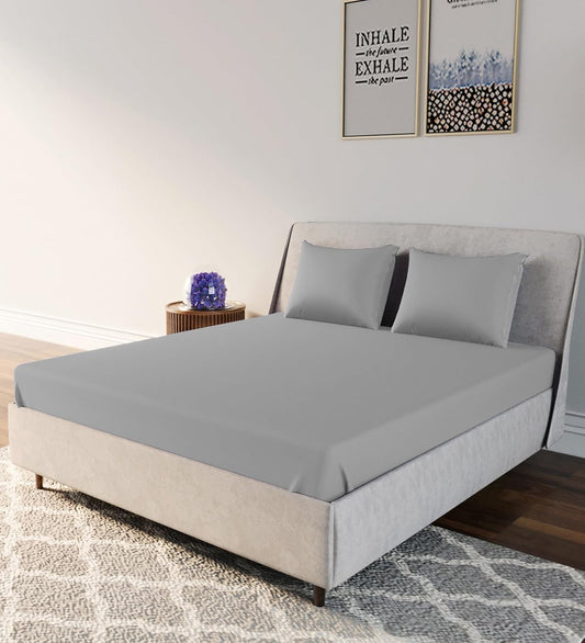 Living Leisure 200 Thread Count Cotton Satin Flat Bedsheet Set for Double Bed with 2 Pillowcases, Queen, Light Grey