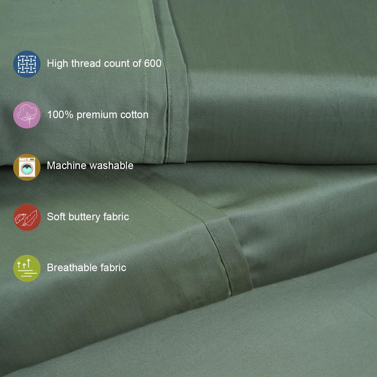 Living Leisure 600 Thread Count Cotton Satin Flat Bedsheet Set with 2 Pillowcases, Green ,King