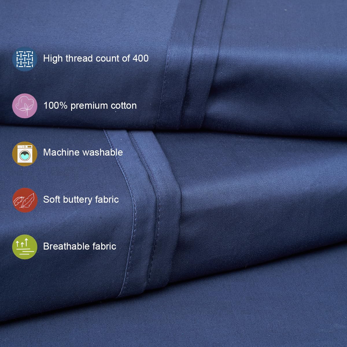 Living Leisure 400 Thread Count Cotton Satin Flat Bedsheet Set with 2 Pillowcases, Navy Blue , King